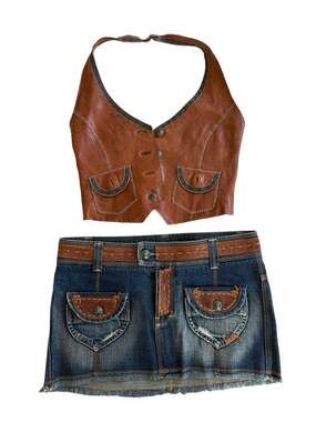 Vintage Leather Halter Top & Denim Mini Skirt Set — Western Boho, Made in USA